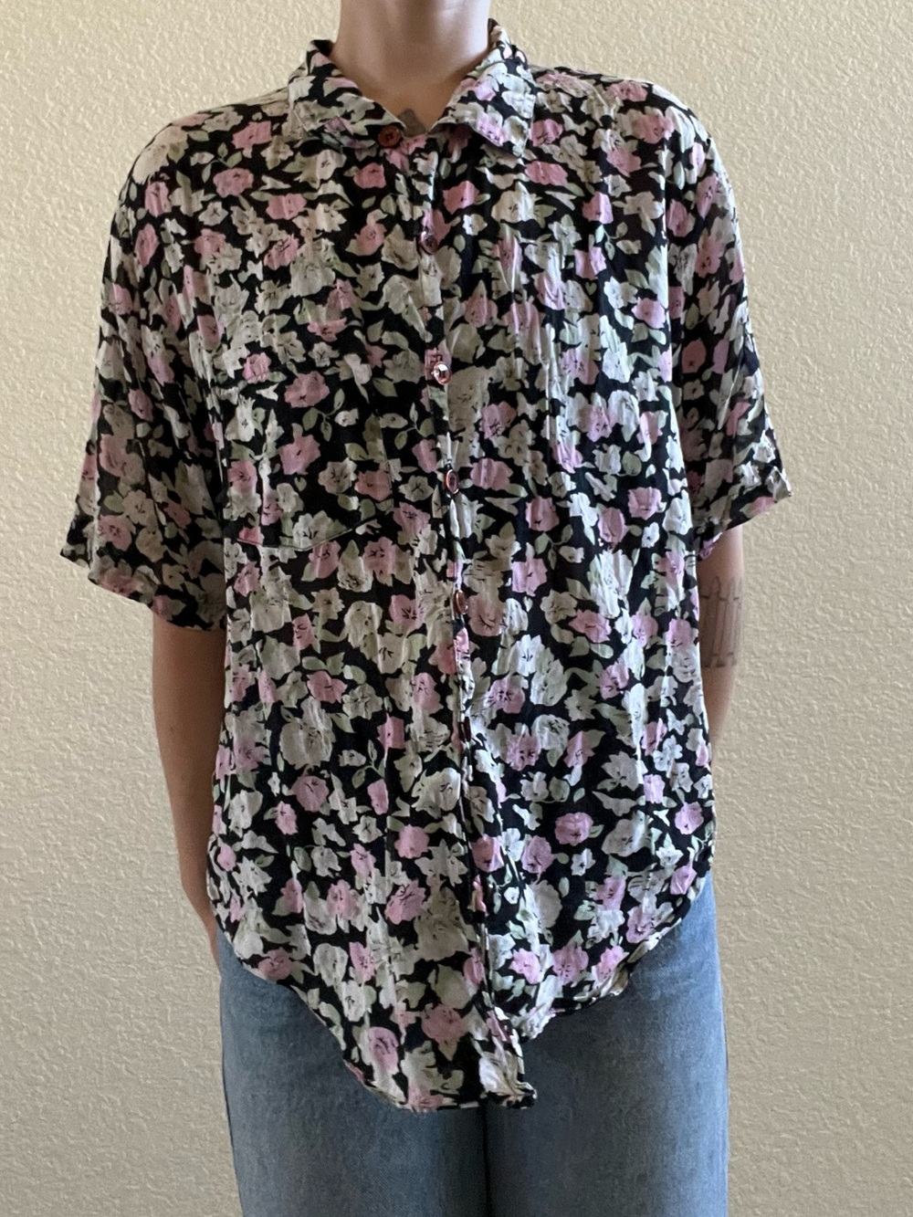 Vintage 80s 90s Floral silk gauze button up blouse Black Pink & Cream Flowers - Picture 2 of 6